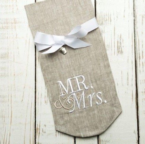 W1037 Mr. and Mrs. Taupe Wine Bag with White Lettinger